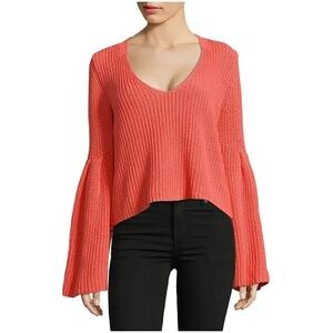 Free People V Neck Bell Sleeve Oversized Cropped Sweater S Coral Boho Festival